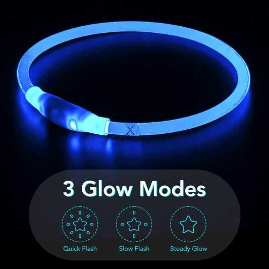 Light up Dog Collar, USB Rechargeable LED Glow Necklace, Blue | Waterproof IP67, Cut-To-Fit TPU, 27In, 360° Night Safety, Pet Visibility Light, Camping & Walking, Fits Small-Large Dogs