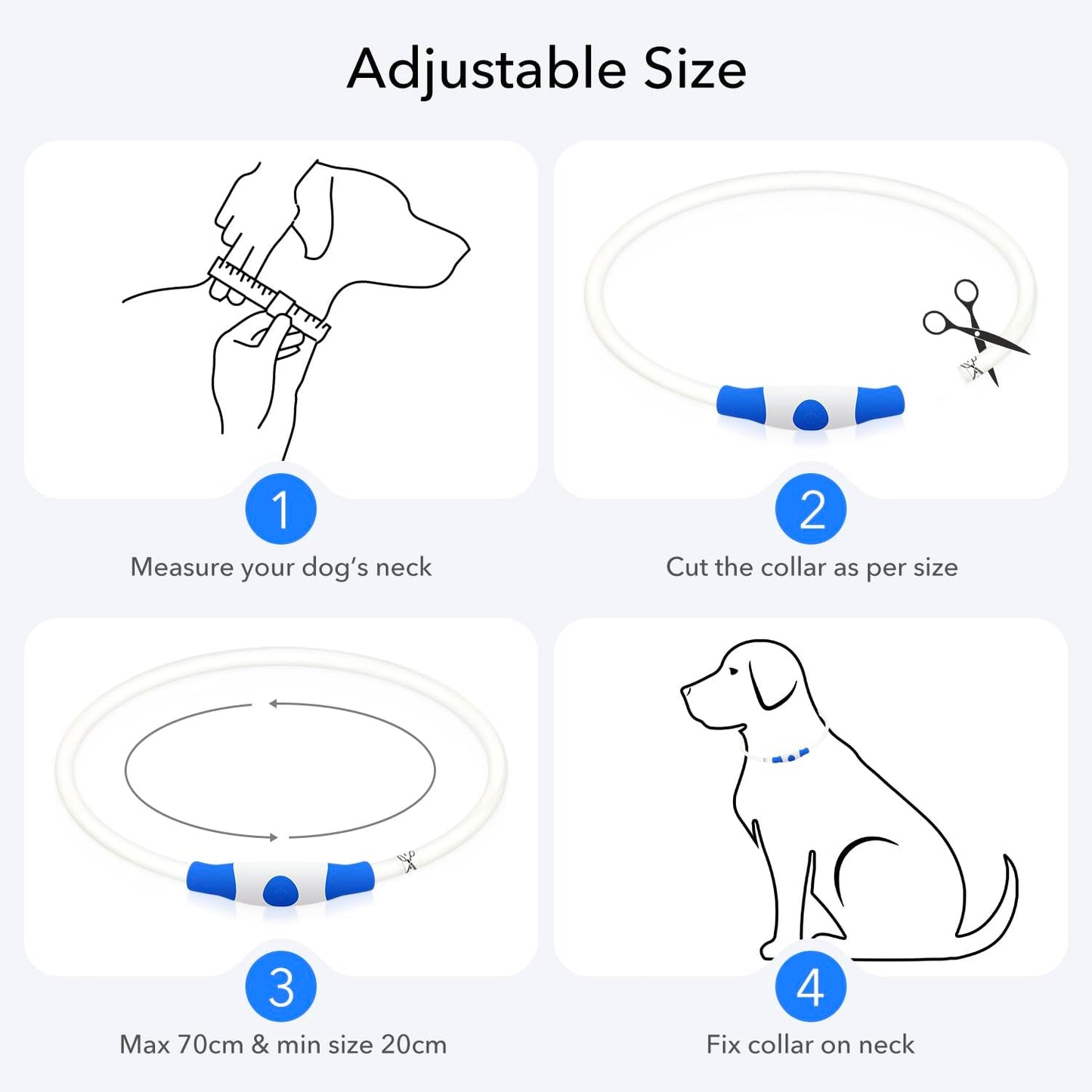 Light up Dog Collar, USB Rechargeable LED Glow Necklace, Blue | Waterproof IP67, Cut-To-Fit TPU, 27In, 360° Night Safety, Pet Visibility Light, Camping & Walking, Fits Small-Large Dogs